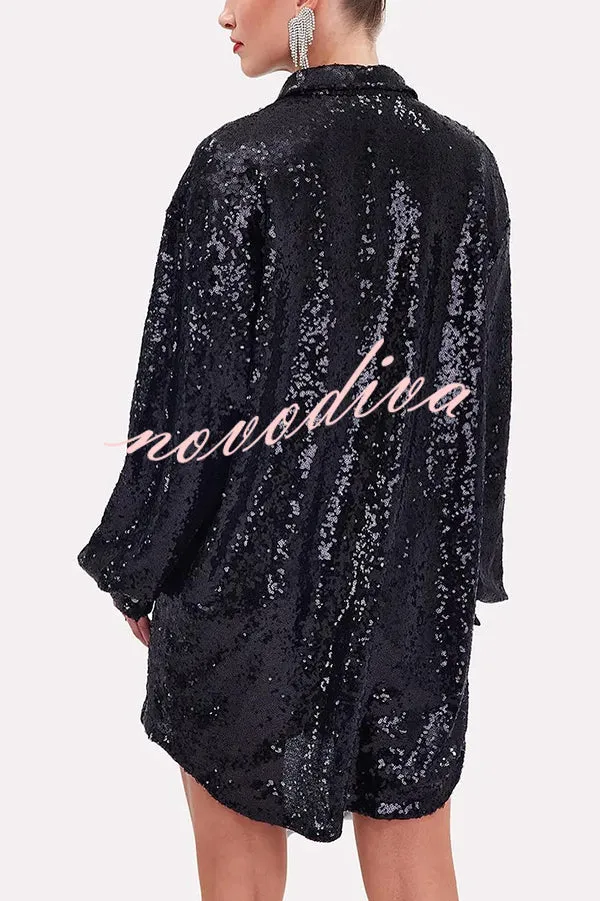 Solid Color Sequined Long-sleeved Casual Mid-length Loose Shirt