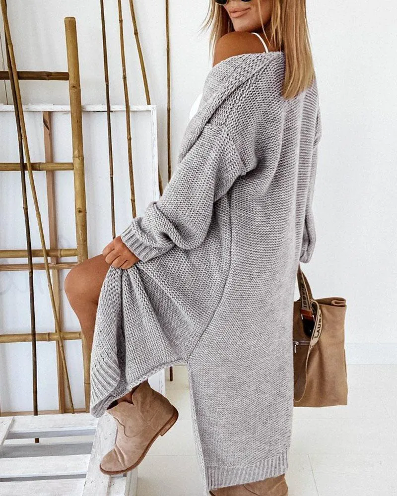 Split Hem Open Front Chunky Knit Longline Cardigan