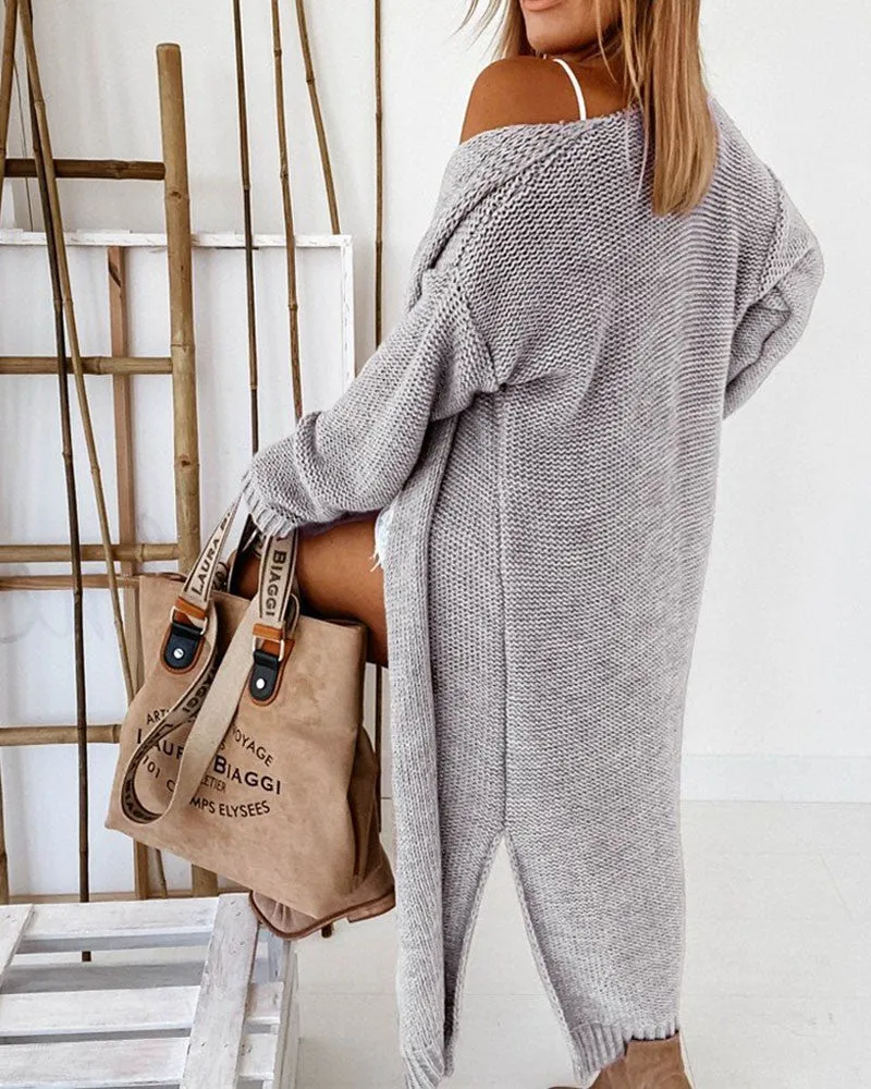 Split Hem Open Front Chunky Knit Longline Cardigan