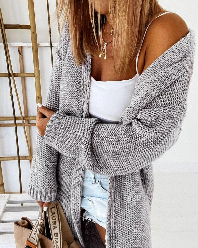 Split Hem Open Front Chunky Knit Longline Cardigan