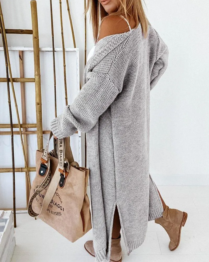 Split Hem Open Front Chunky Knit Longline Cardigan