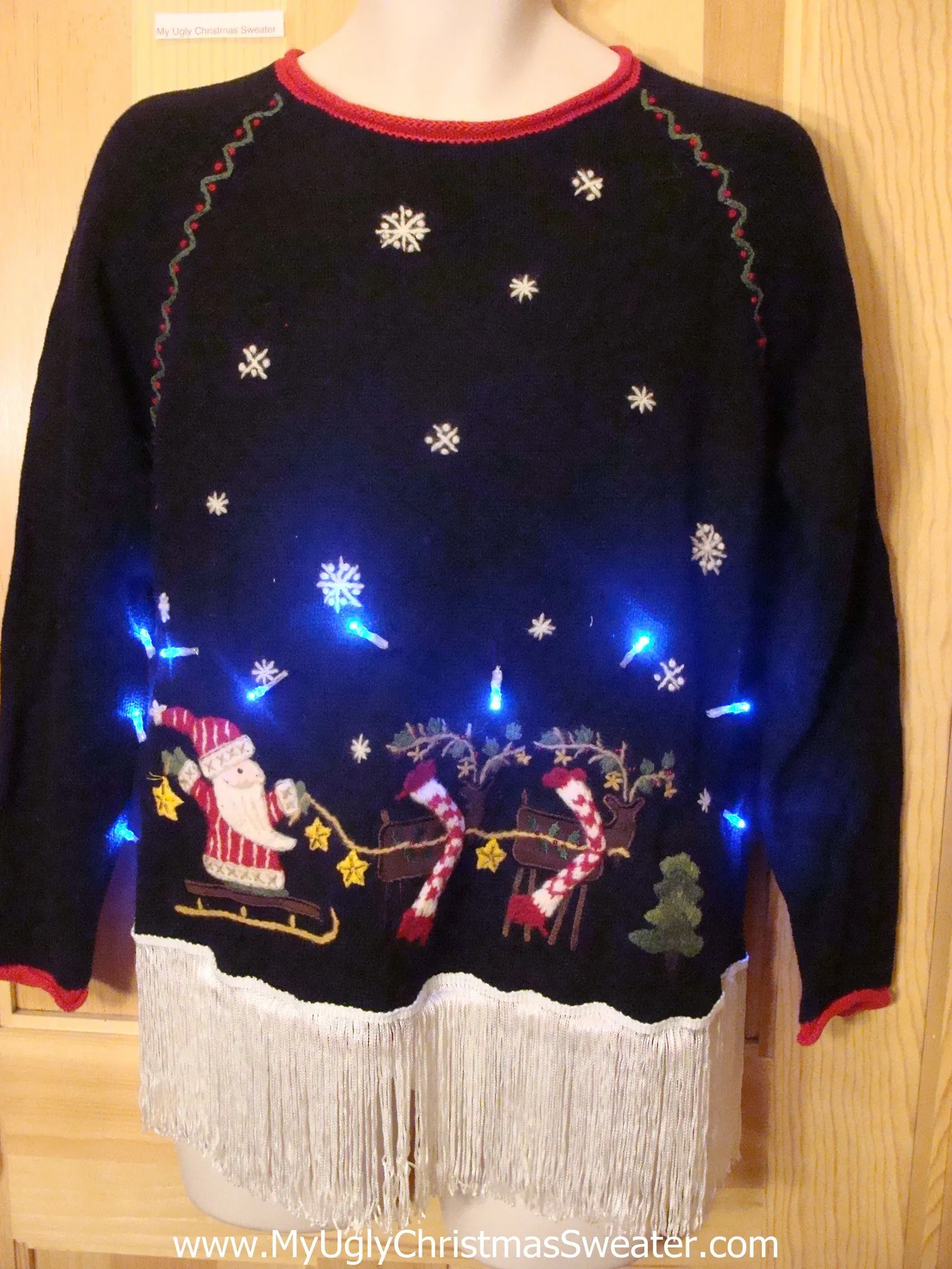 Tacky Light Up Christmas Sweater Santa Reindeer Long Dangling Fringe