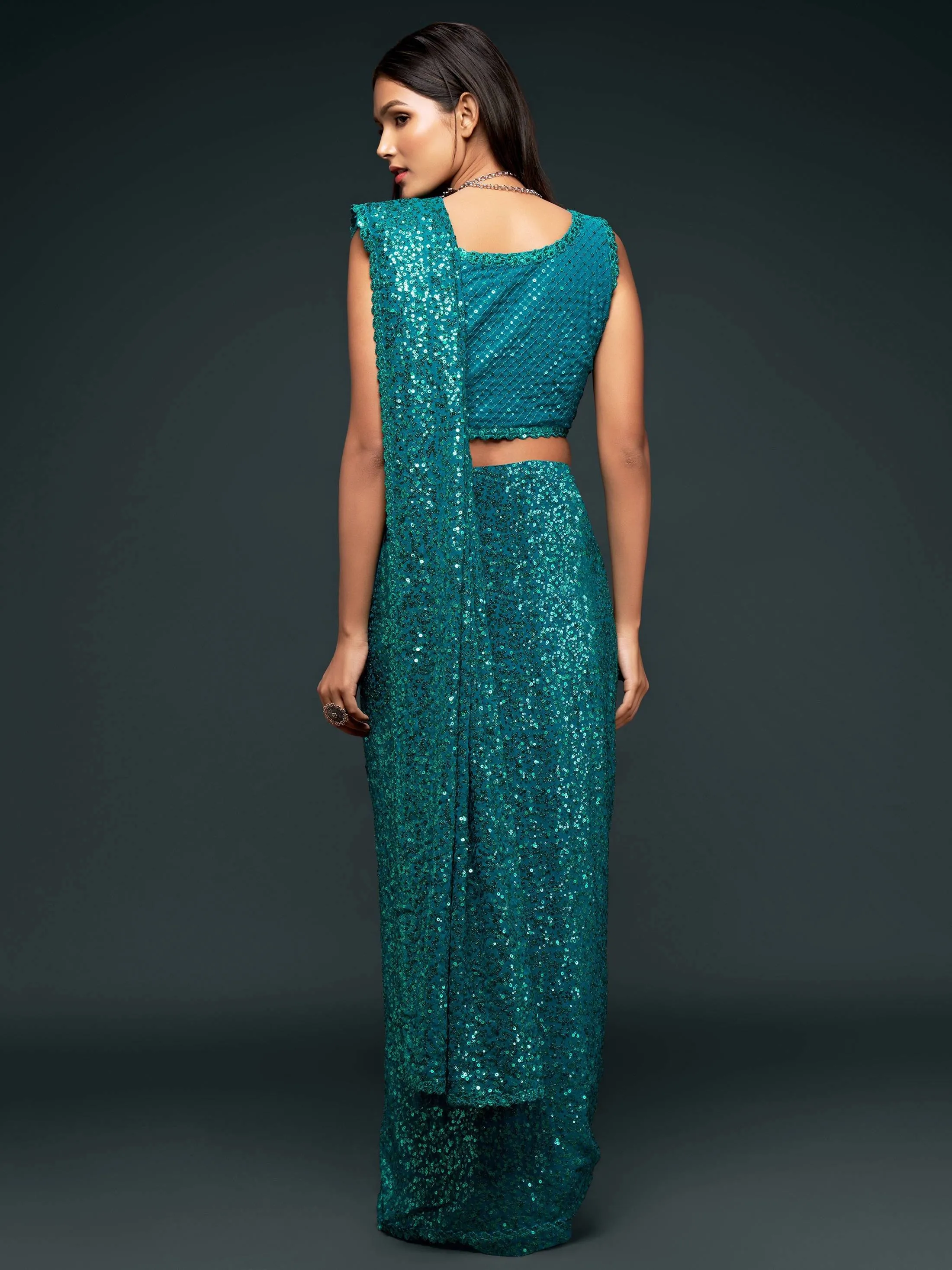 Teal Blue Georgette Sequined Saree