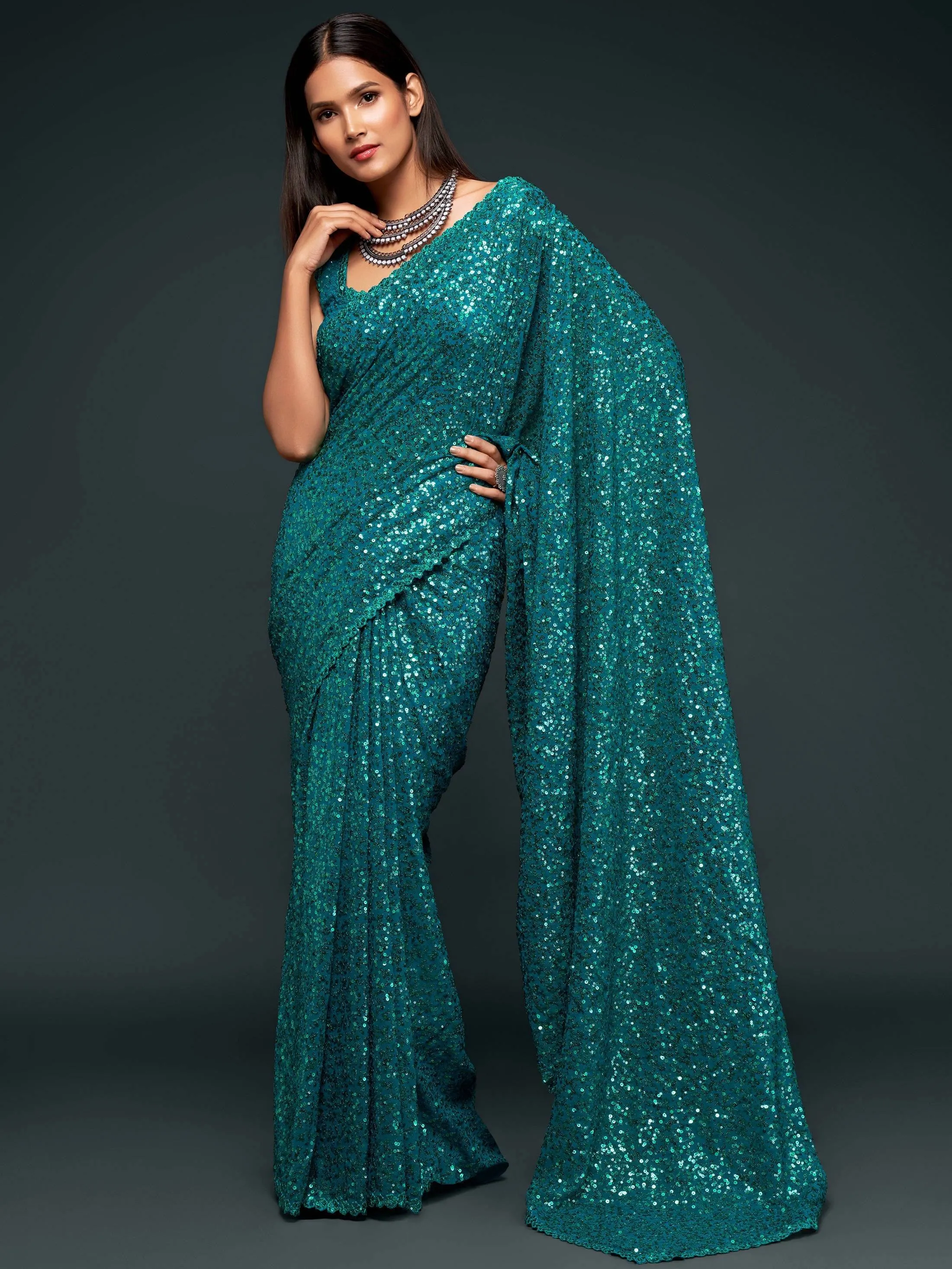 Teal Blue Georgette Sequined Saree