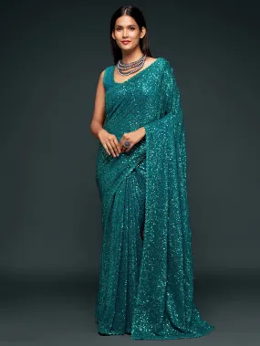 Teal Blue Georgette Sequined Saree