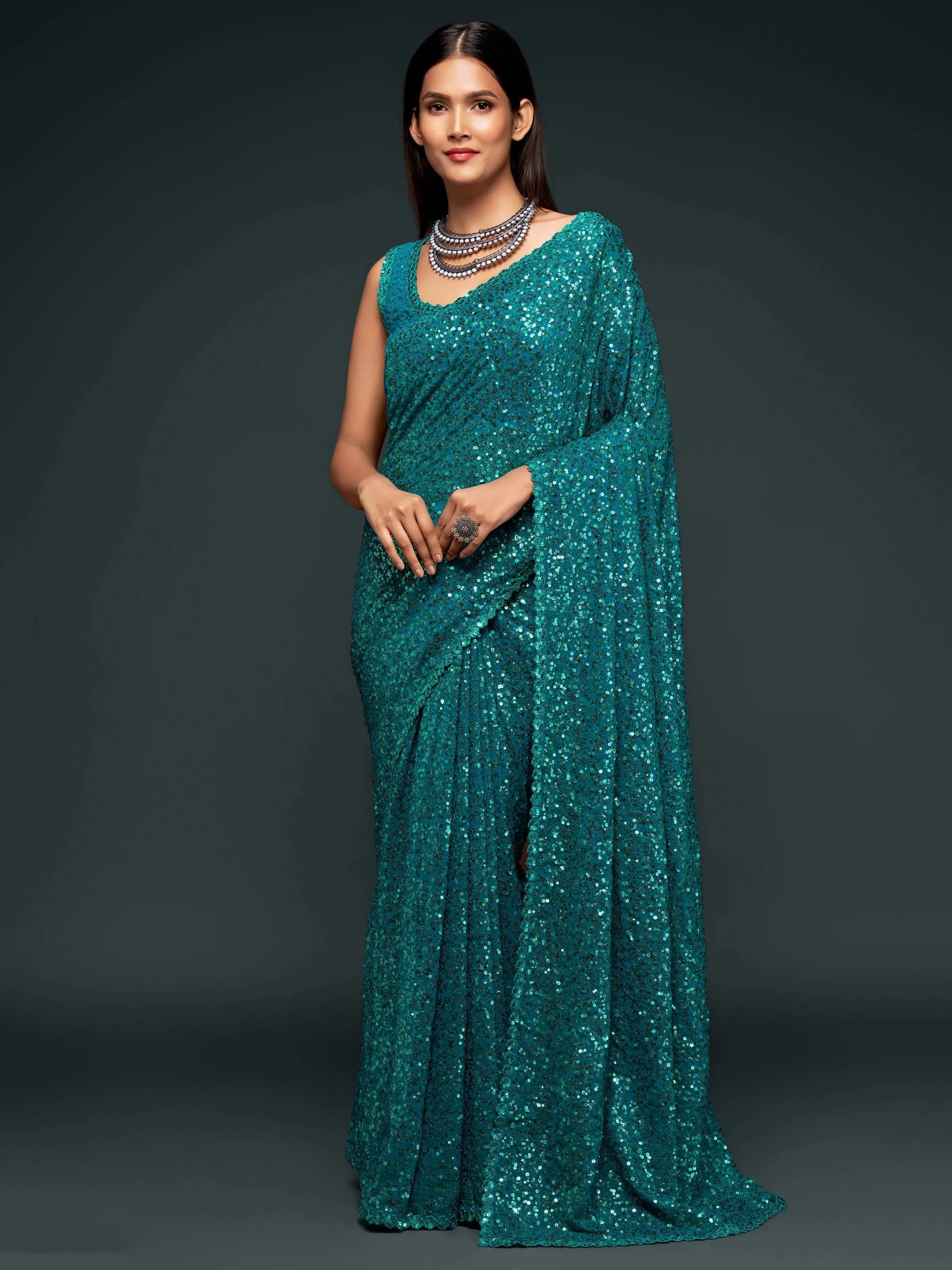 Teal Blue Georgette Sequined Saree