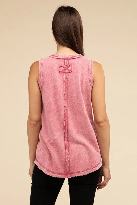 Washed Half-Button Raw Edge Sleeveless Henley Top