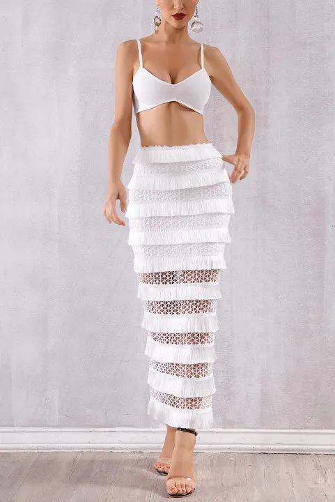 White Layered Tassel Trim Bandage Two Piece Sets