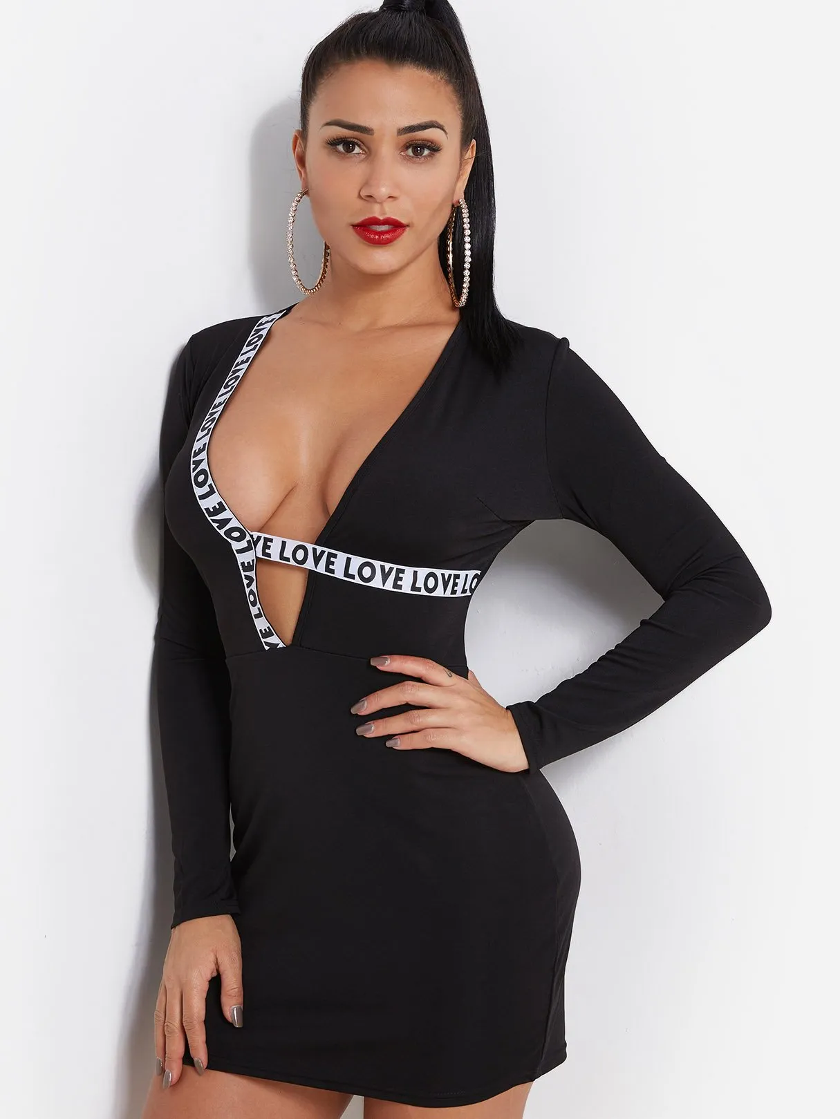 Wholesale Black Deep V Neck Long Sleeve Letter Bodycon Dresses