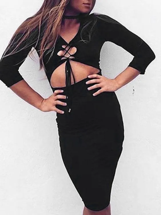 Wholesale Black Round Neck Long Sleeve Plain Lace-Up Cut Out Dresses