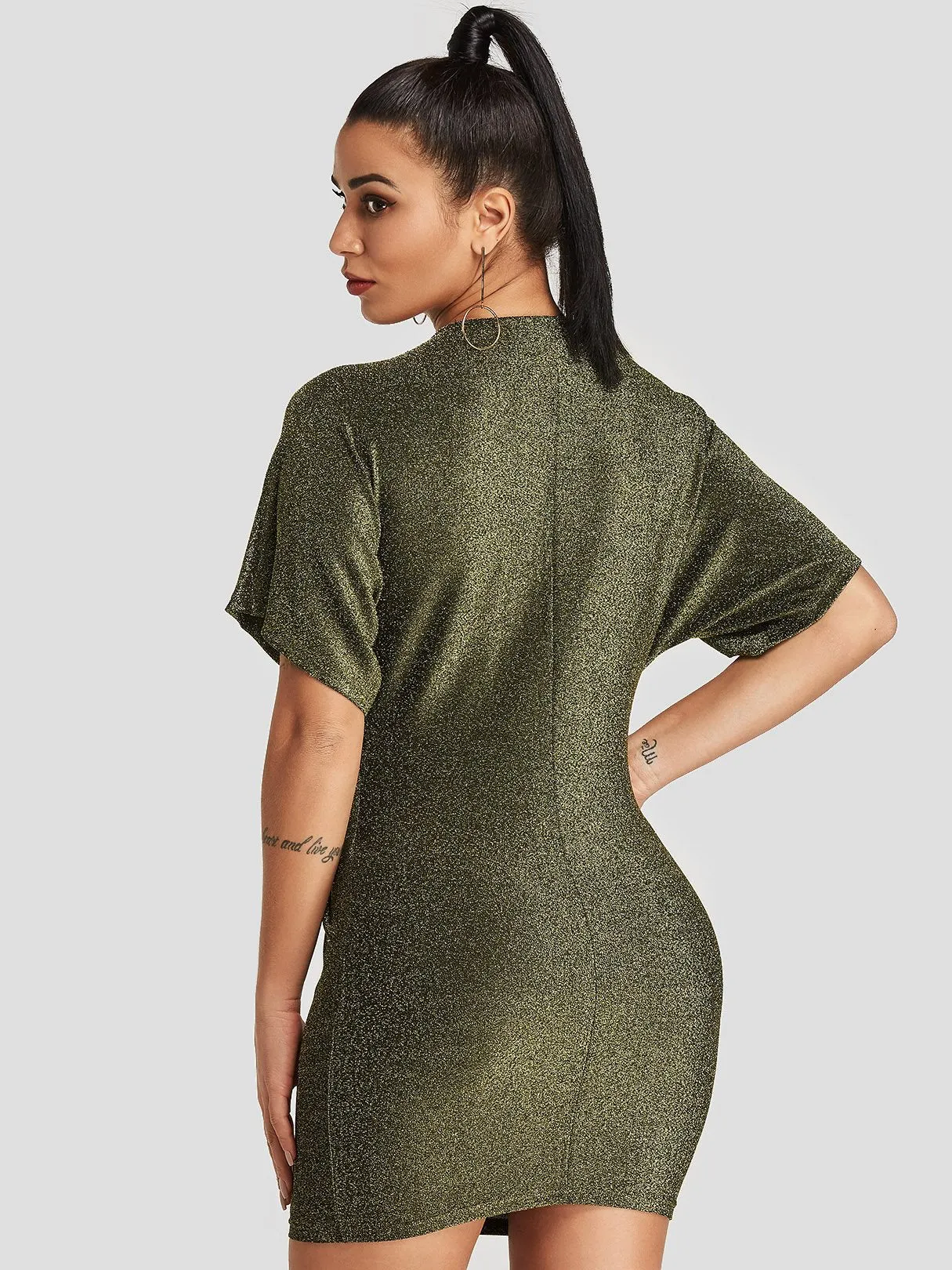 Wholesale Gold V-Neck Short Sleeve Plain Bodycon Dresses