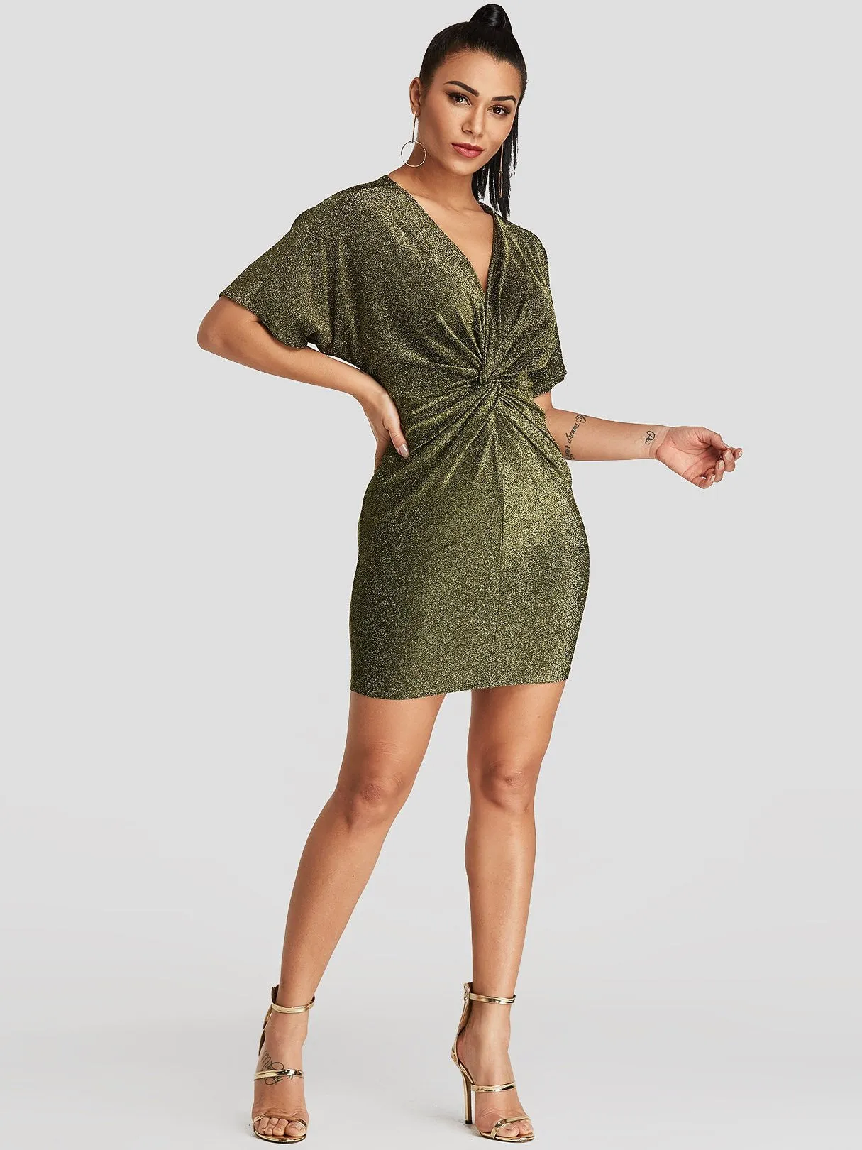 Wholesale Gold V-Neck Short Sleeve Plain Bodycon Dresses