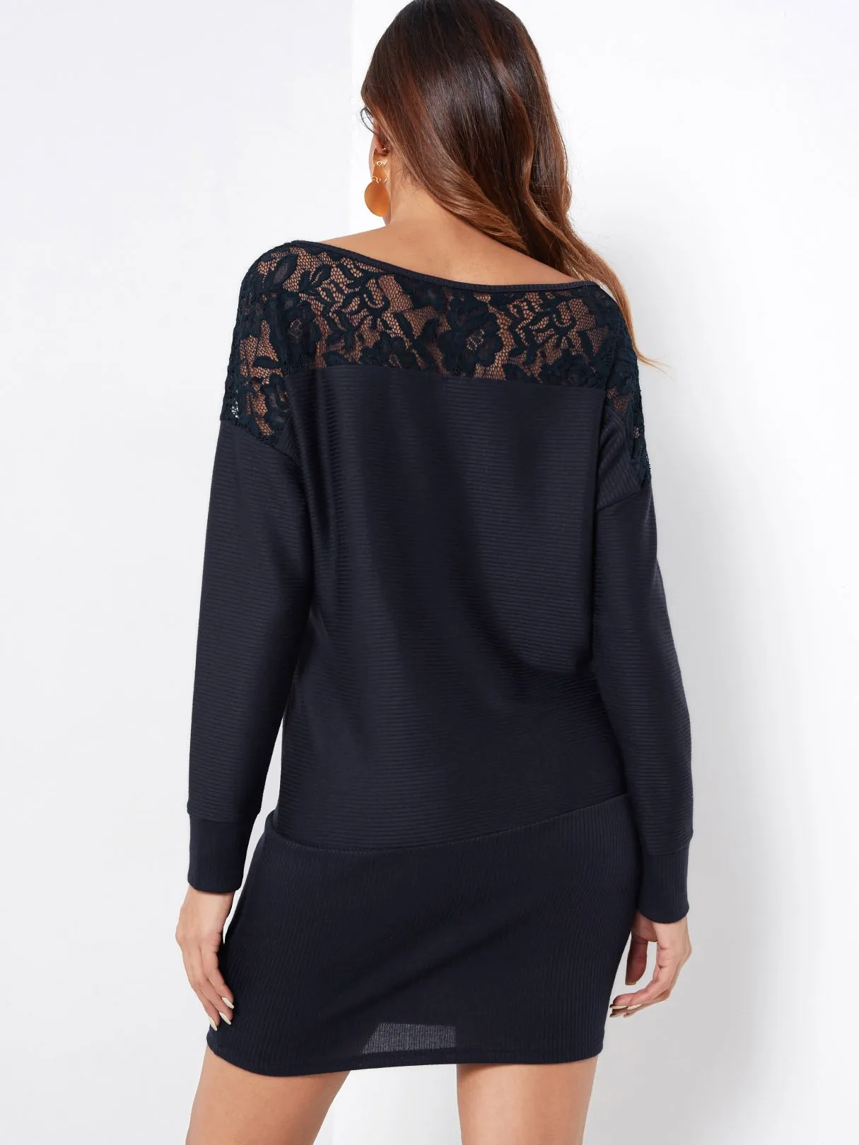 Wholesale Navy Round Neck Long Sleeve Plain Lace Dresses