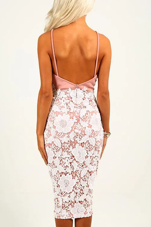 Wholesale Pink Halter Sleeveless Lace Backless Bodycon Dress