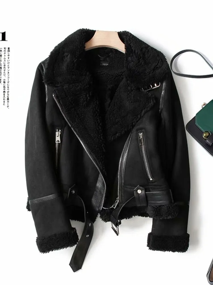 Winter Faux Leather Belted Jacket with Shearling Lining