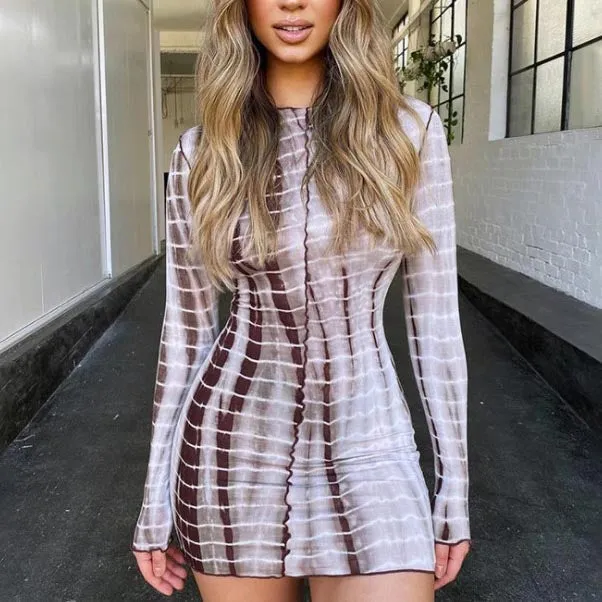 Women's round neck long sleeve street style sexy print dress