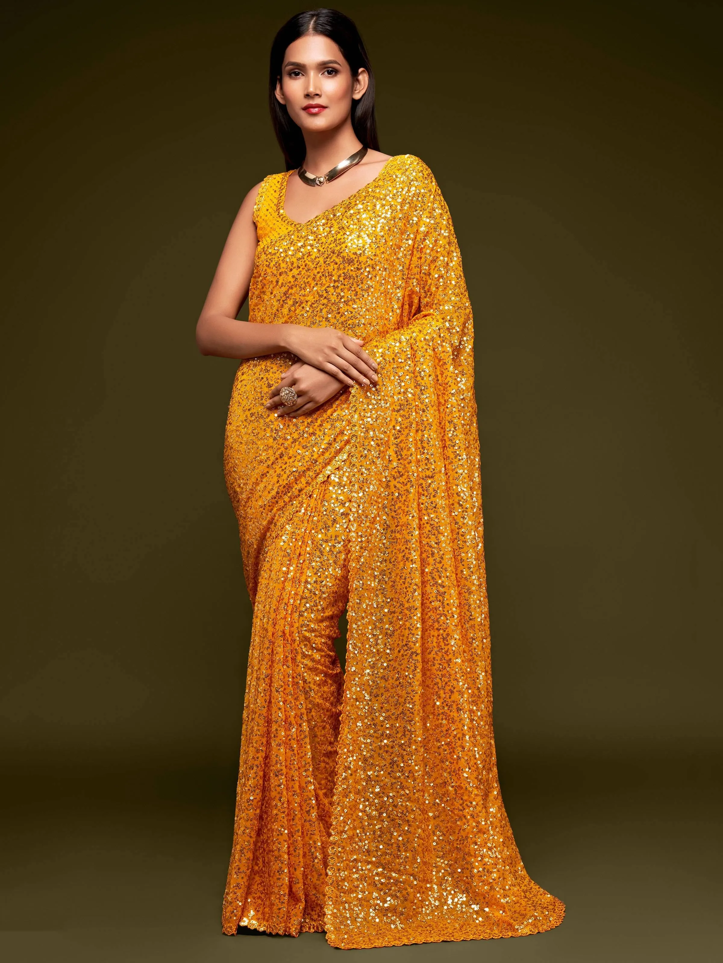 Yellow Georgette Sequined Saree