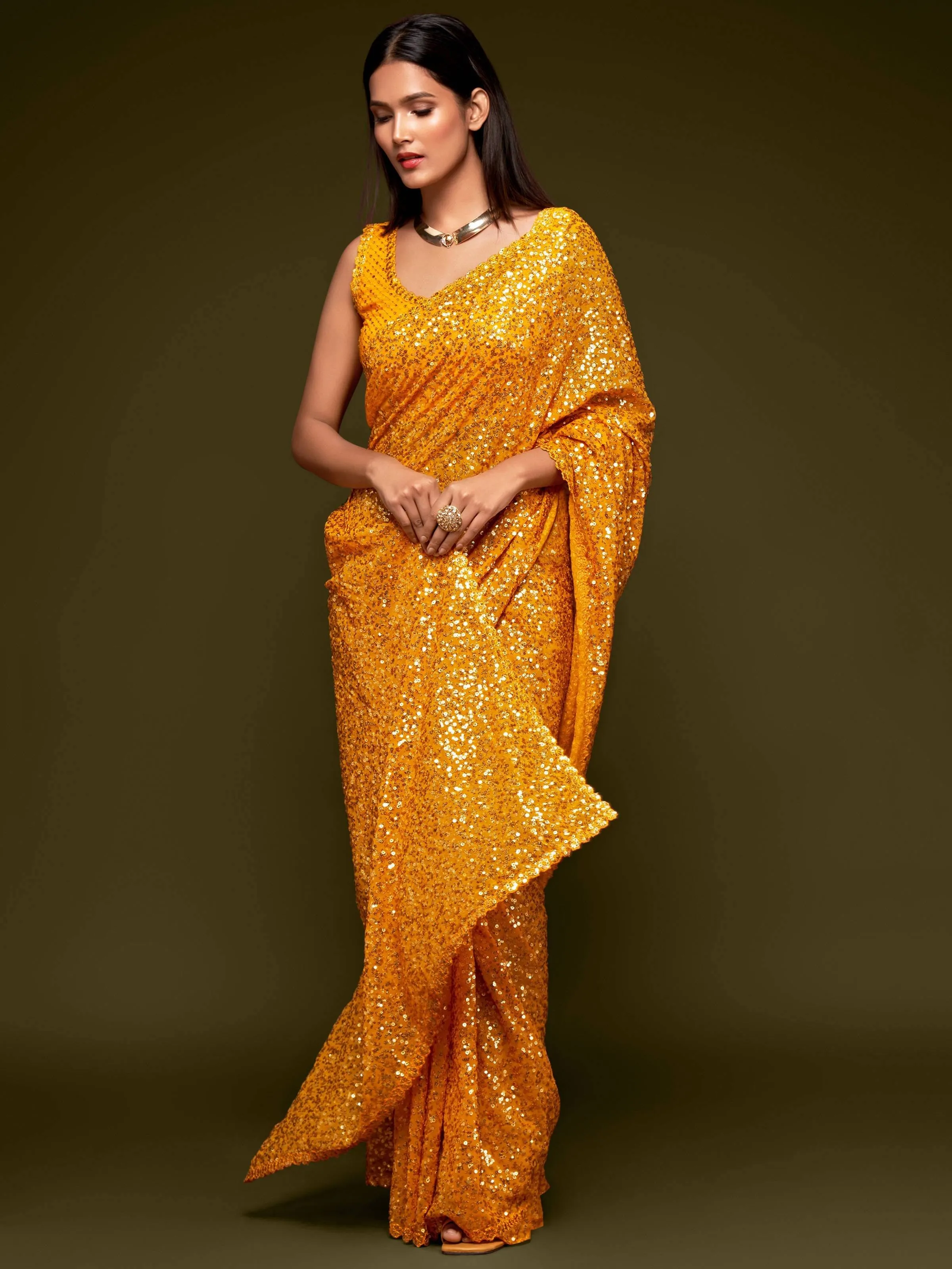 Yellow Georgette Sequined Saree