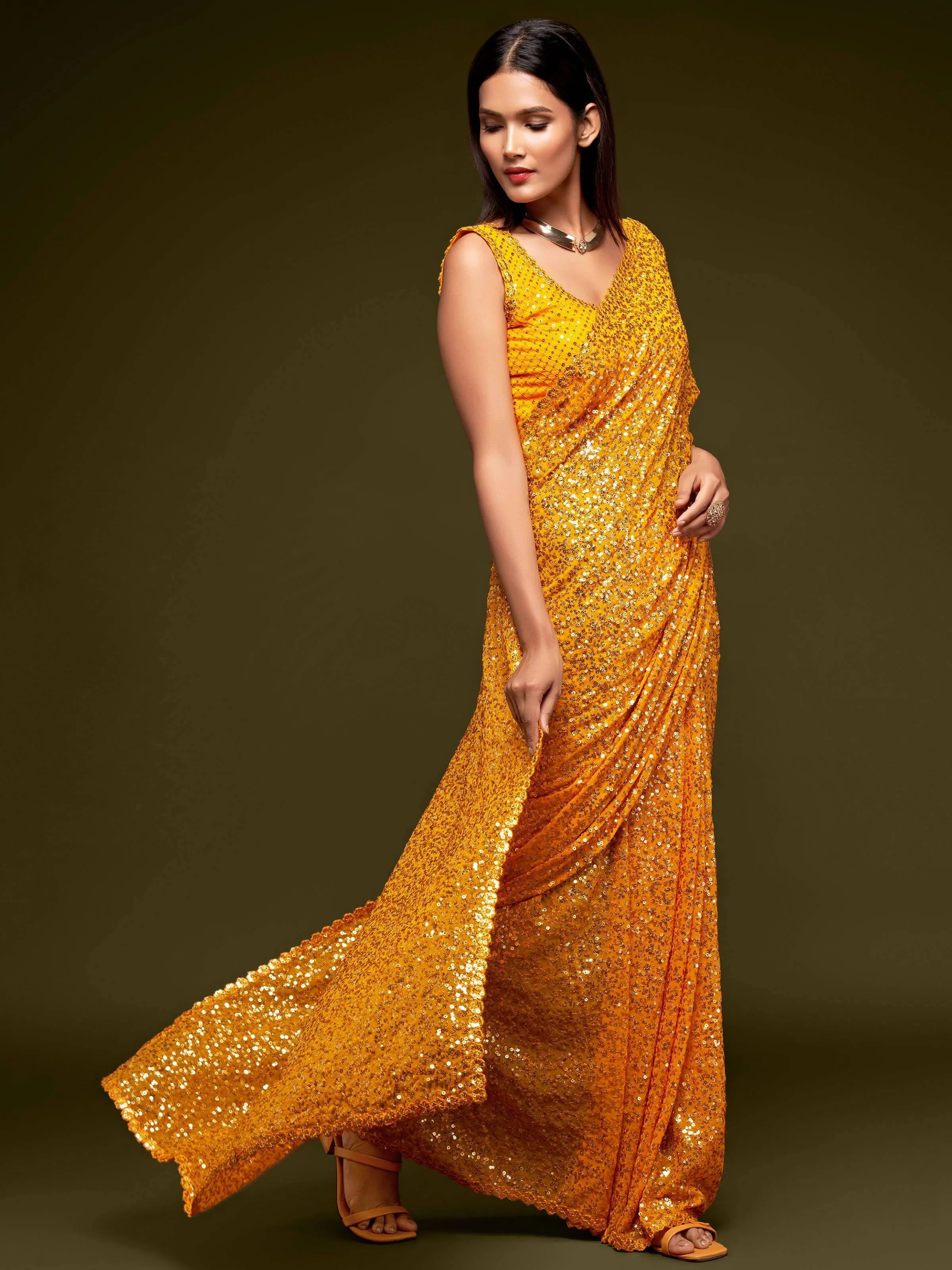 Yellow Georgette Sequined Saree