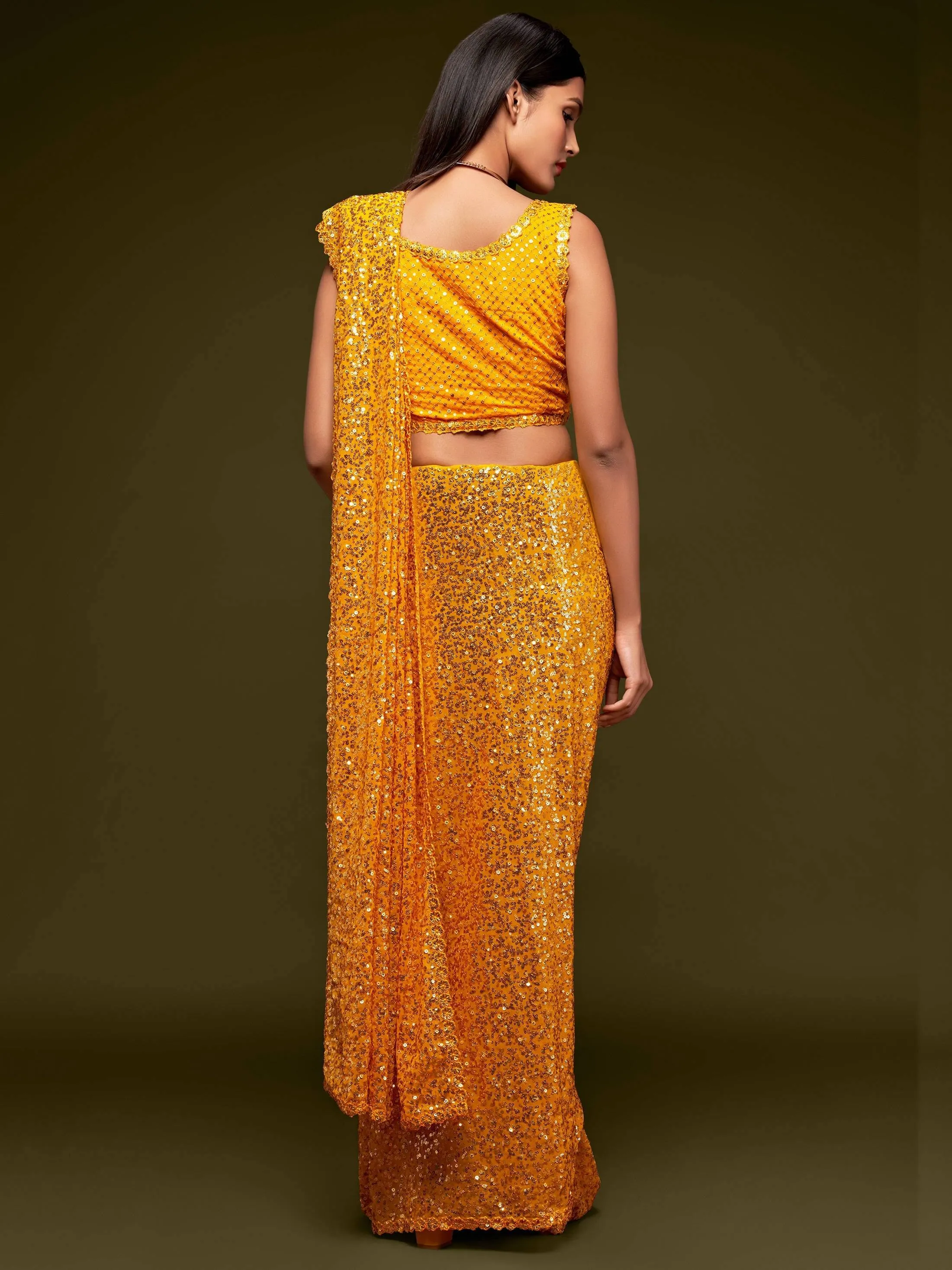 Yellow Georgette Sequined Saree