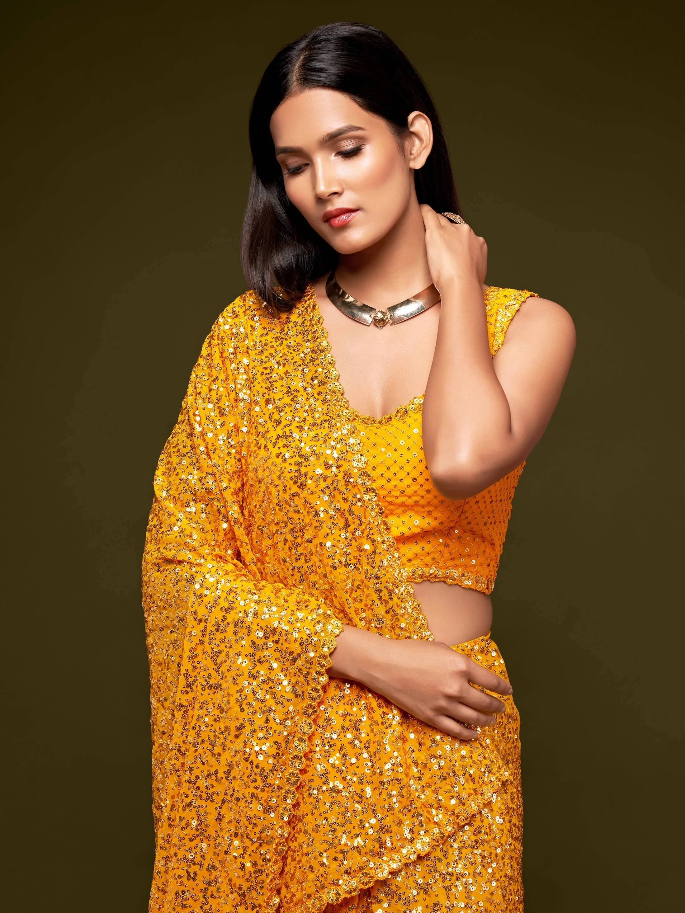 Yellow Georgette Sequined Saree