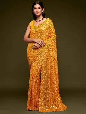 Yellow Georgette Sequined Saree